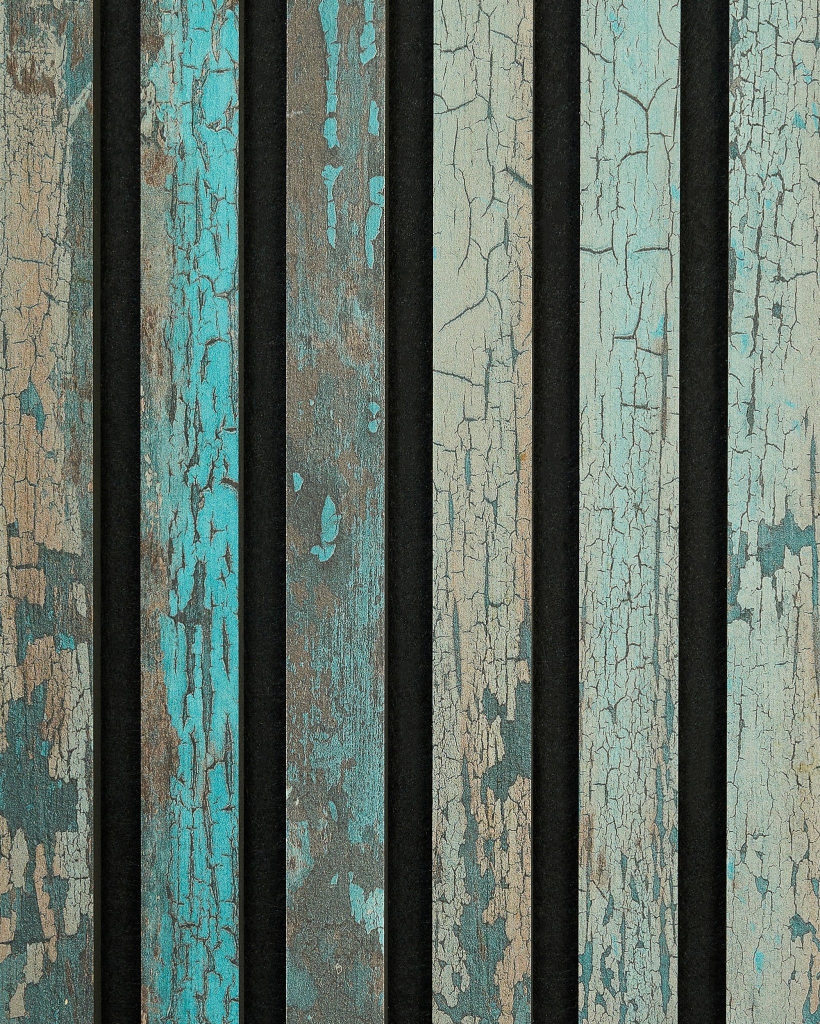 WoodUpp Rebel | Sample / Blue Oxide Akupanel with weathered wooden slats, blue-green tones, visible cracks, and dark vertical gaps for a rustic Nordic look.